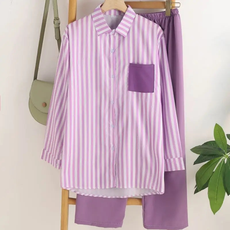 Loose Casual Two Piece Sets For Women Fashion Elegant Comfort Striped Long Sleeve Shirts And Pants Sportswear 2026 Spring Summer