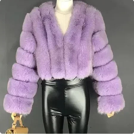 Faux Fox Fur Coat V-Neck Winter Woman Long Sleeve Warm Winter Coat Women Fashion Luxury New Fur Jacket Teddy Chic Outwear 2024