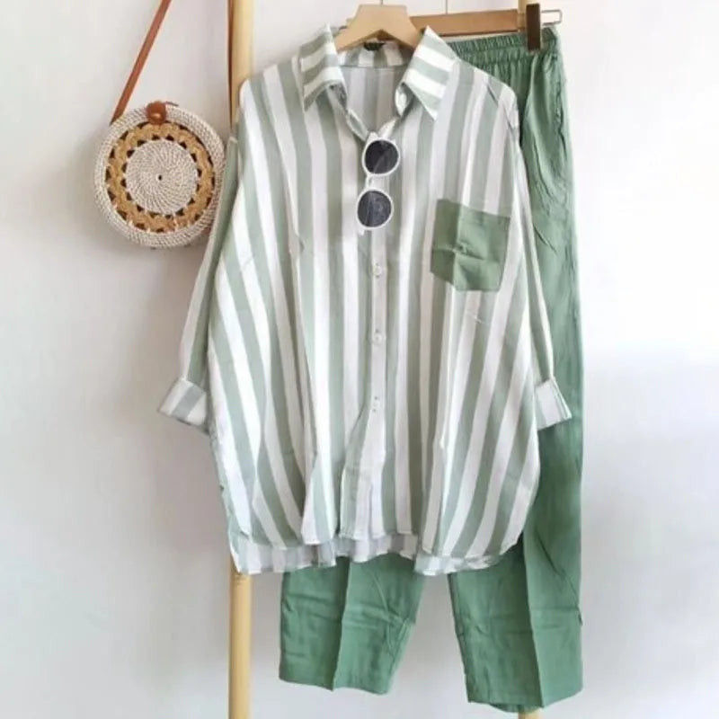 Loose Casual Two Piece Sets For Women Fashion Elegant Comfort Striped Long Sleeve Shirts And Pants Sportswear 2026 Spring Summer