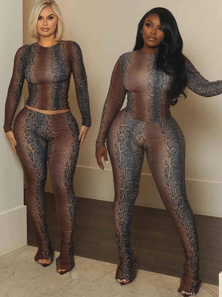 Kliou Serpentine Print 2 Piece Set Woman o-Neck Full Sleeve Tops+Skinny Peach Hip Long Pants Hot Girls Street Sexy Fashion Suits