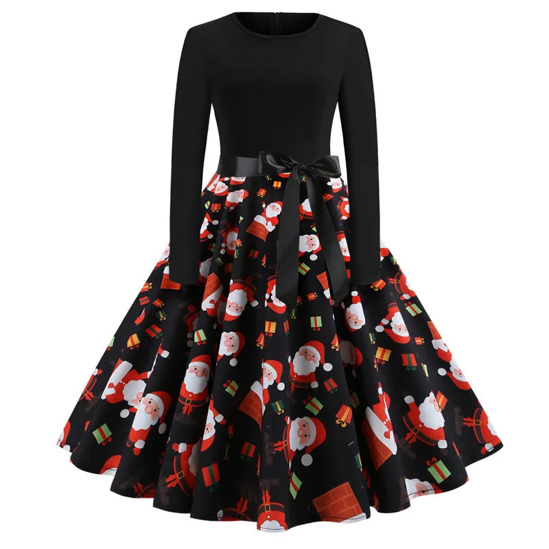 Vintage Christmas Dress for Women Elegant Swing Party Gown Long Sleeve Black Casual Print 50s 60s Style
