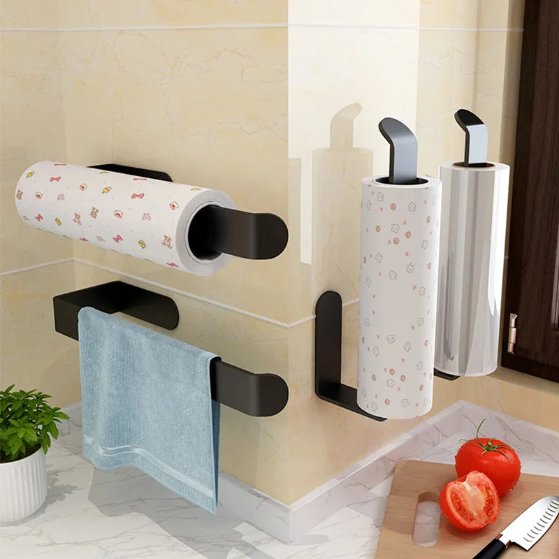 Space Saving Self Adhesive Wall Mounted Tissue Holder Kitchen Storage Organizer Dual Purpose Toilet Paper Hand Towels No Drill