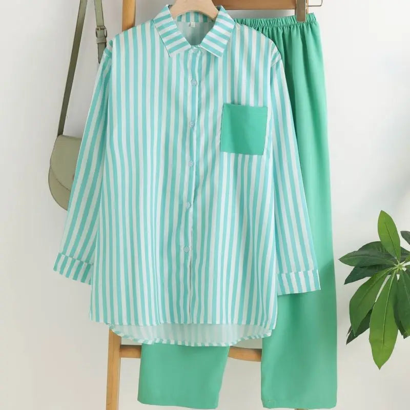 Loose Casual Two Piece Sets For Women Fashion Elegant Comfort Striped Long Sleeve Shirts And Pants Sportswear 2026 Spring Summer