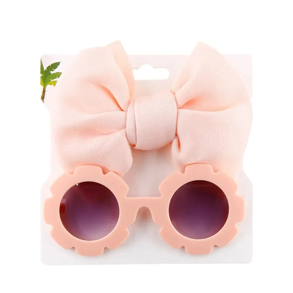 2 Pcs/Set Baby Sunglasses Hairband Set Flower Shape Children Glasses Cartoon Bows Headband Set