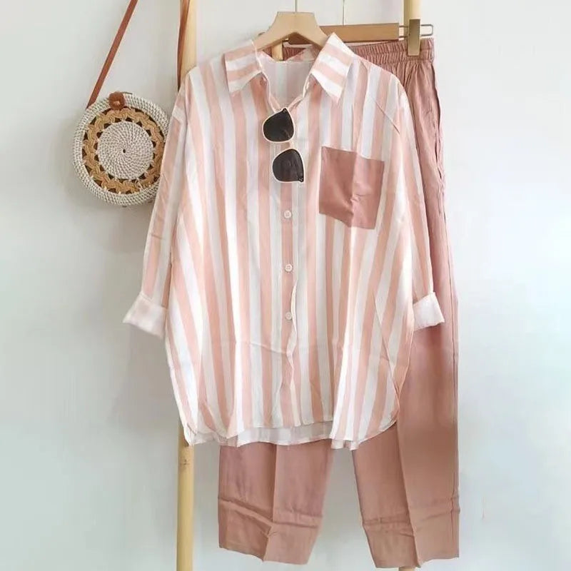 Loose Casual Two Piece Sets For Women Fashion Elegant Comfort Striped Long Sleeve Shirts And Pants Sportswear 2026 Spring Summer