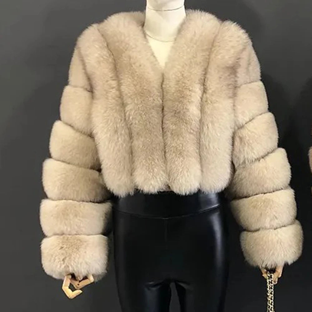 Faux Fox Fur Coat V-Neck Winter Woman Long Sleeve Warm Winter Coat Women Fashion Luxury New Fur Jacket Teddy Chic Outwear 2024